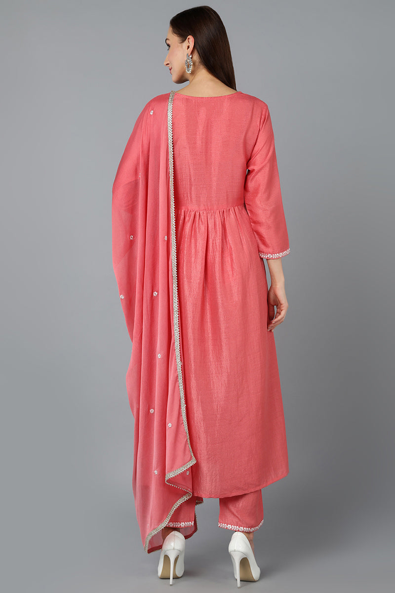 Women Silk Blend Blush Pink Straight Kurta Pant With Dupatta | Ethniqndia - Made In INDIA.