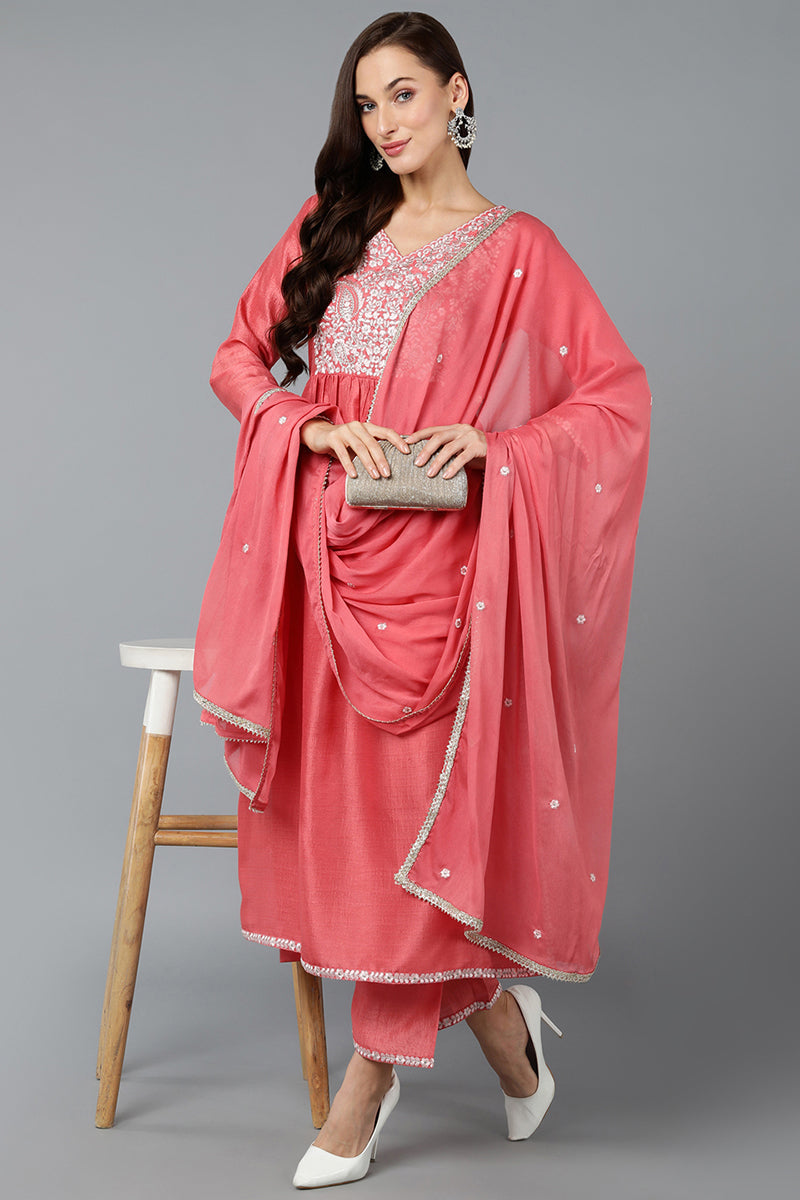 Women Silk Blend Blush Pink Straight Kurta Pant With Dupatta | Ethniqndia - Made In INDIA.