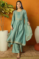 Sea Green Silk Blend Solid Embroidered Anarkali Suit Set | Ethniqndia - Made In INDIA.