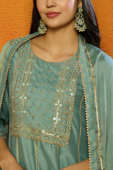 Sea Green Silk Blend Solid Embroidered Anarkali Suit Set | Ethniqndia - Made In INDIA.