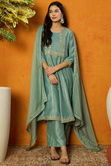 Sea Green Silk Blend Solid Embroidered Anarkali Suit Set | Ethniqndia - Made In INDIA.