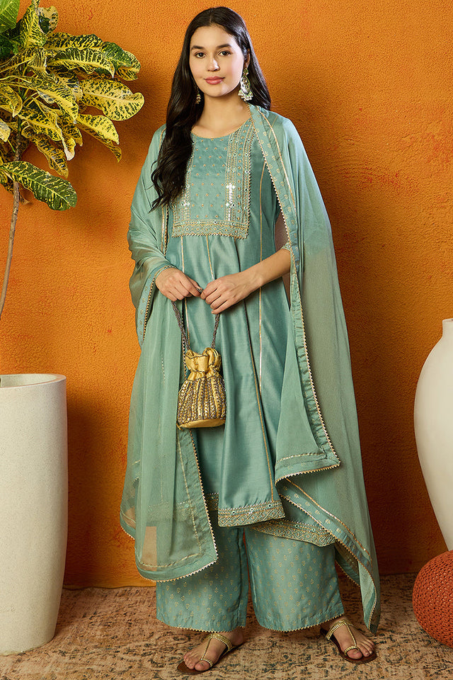 Sea Green Silk Blend Solid Embroidered Anarkali Suit Set | Ethniqndia - Made In INDIA.