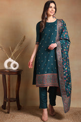 Teal Poly Chanderi Woven Design Straight Suit Set | Ethniqndia - Made In INDIA.