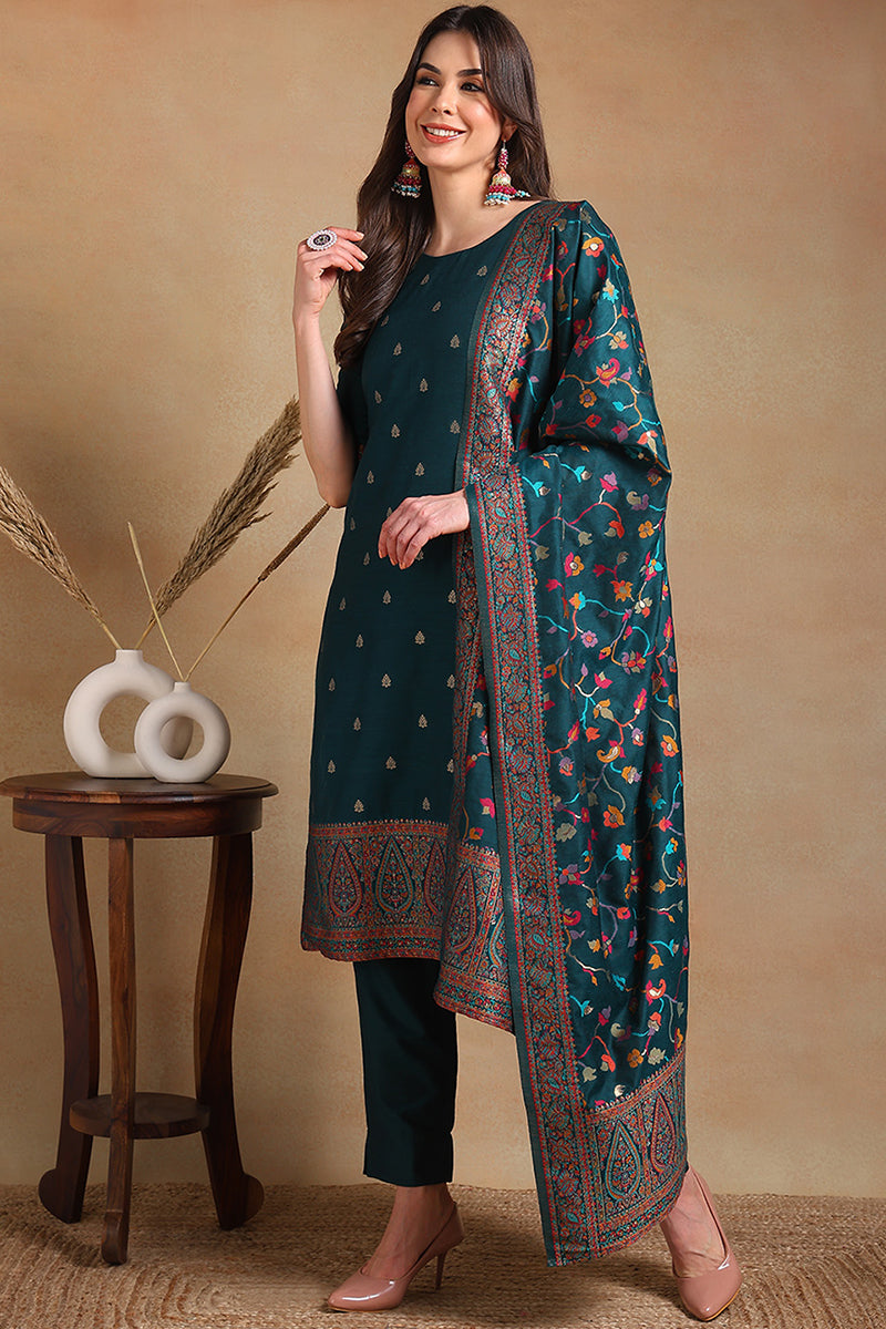 Teal Poly Chanderi Woven Design Straight Suit Set | Ethniqndia - Made In INDIA.