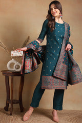 Teal Poly Chanderi Woven Design Straight Suit Set | Ethniqndia - Made In INDIA.