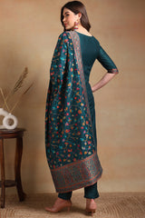 Teal Poly Chanderi Woven Design Straight Suit Set | Ethniqndia - Made In INDIA.