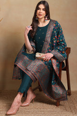 Teal Poly Chanderi Woven Design Straight Suit Set | Ethniqndia - Made In INDIA.