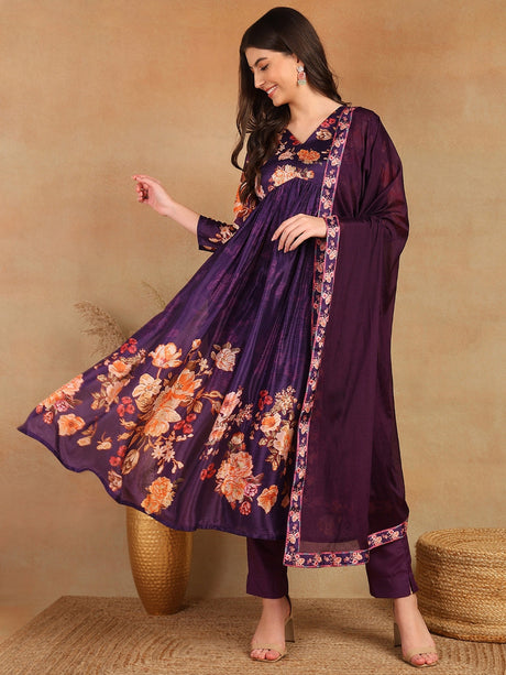 Women Purple Silk Blend Floral Printed Straight Kurta Trouser With Dupatta | Ethniqndia - Made In INDIA.