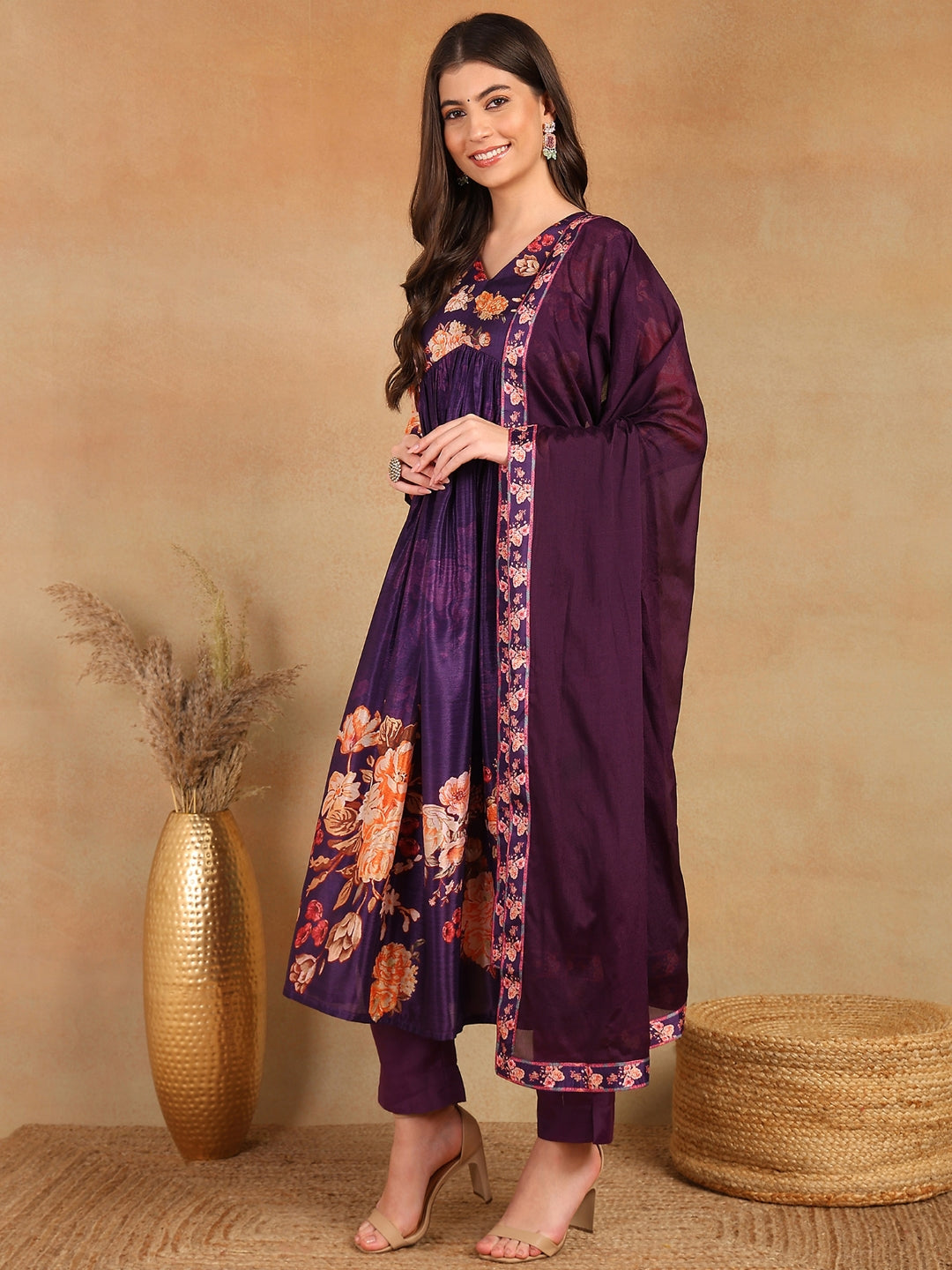 Women Purple Silk Blend Floral Printed Straight Kurta Trouser With Dupatta | Ethniqndia - Made In INDIA.