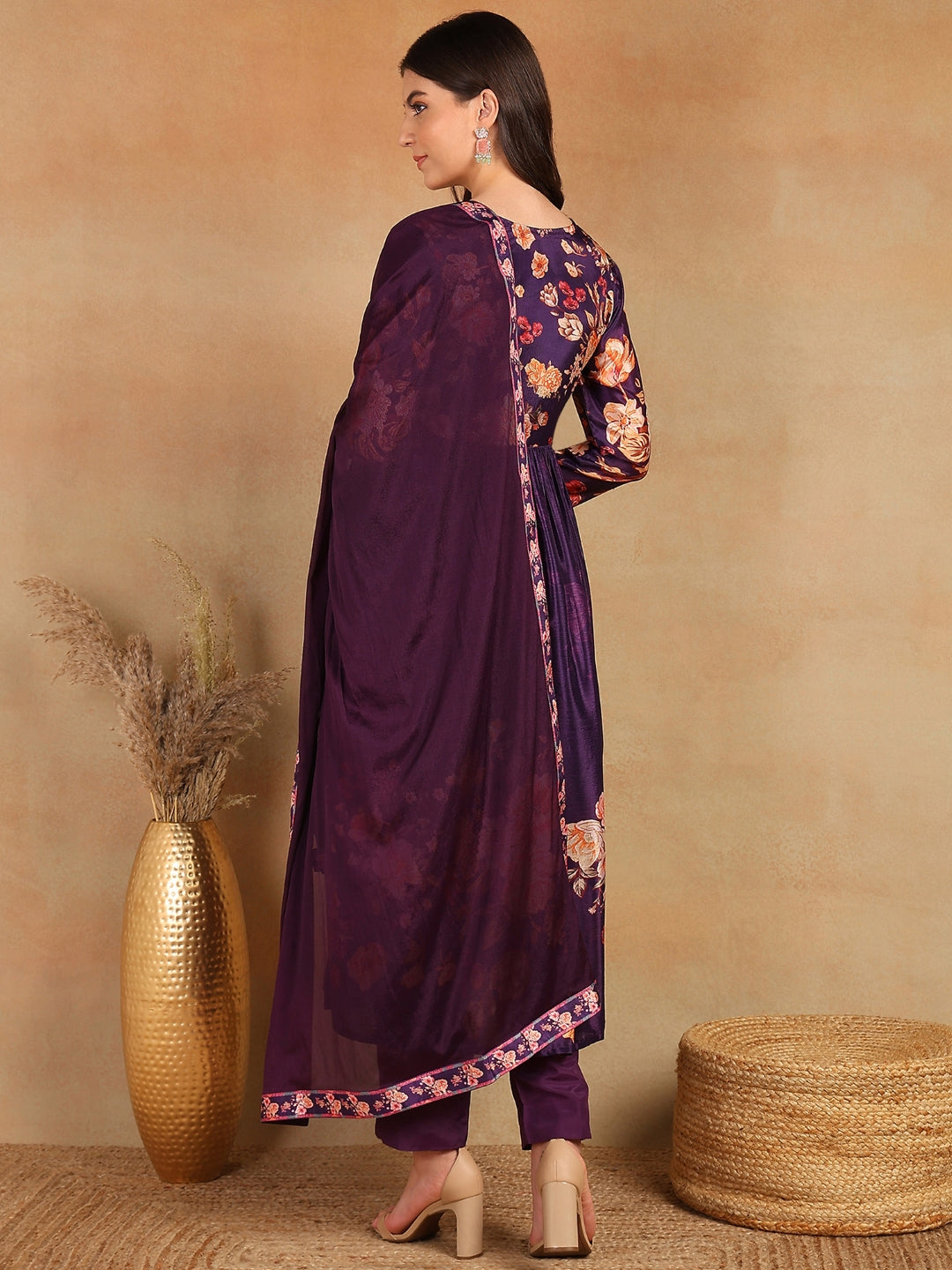 Women Purple Silk Blend Floral Printed Straight Kurta Trouser With Dupatta | Ethniqndia - Made In INDIA.