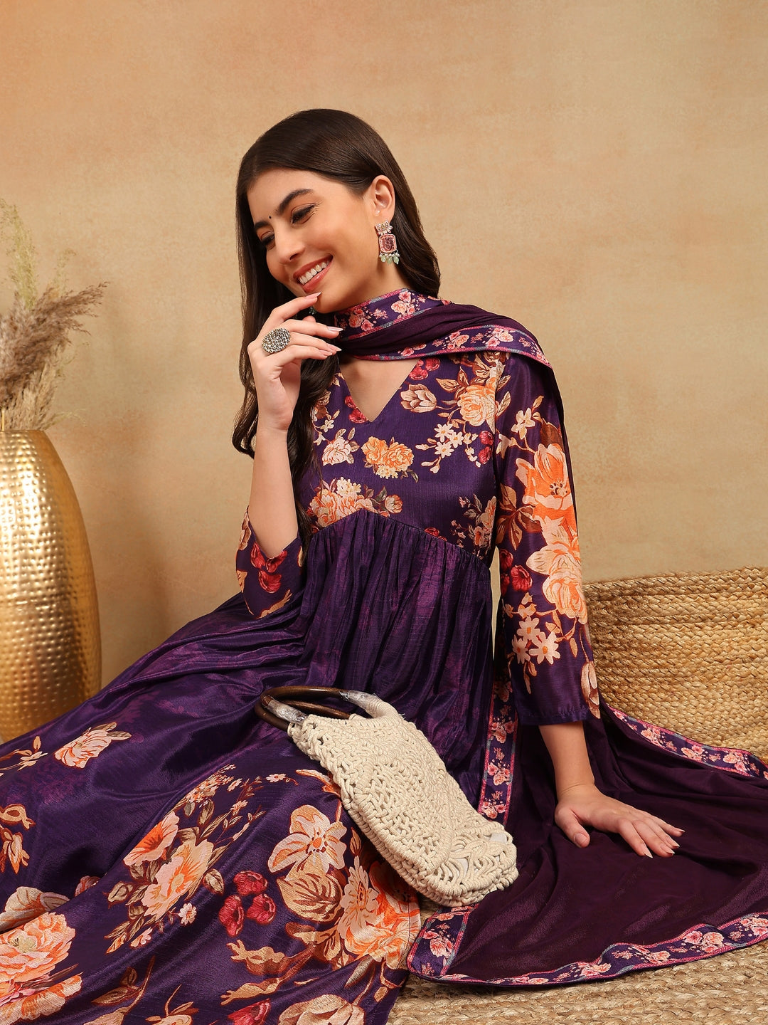 Women Purple Silk Blend Floral Printed Straight Kurta Trouser With Dupatta | Ethniqndia - Made In INDIA.