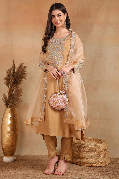 Beige Silk Blend Solid Yoke Design A Line Trouser Suit Set | Ethniqndia - Made In INDIA.