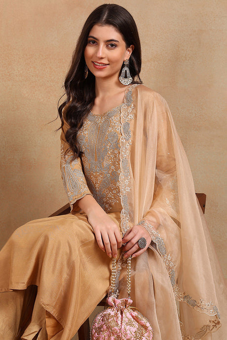 Beige Silk Blend Solid Yoke Design A Line Trouser Suit Set | Ethniqndia - Made In INDIA.