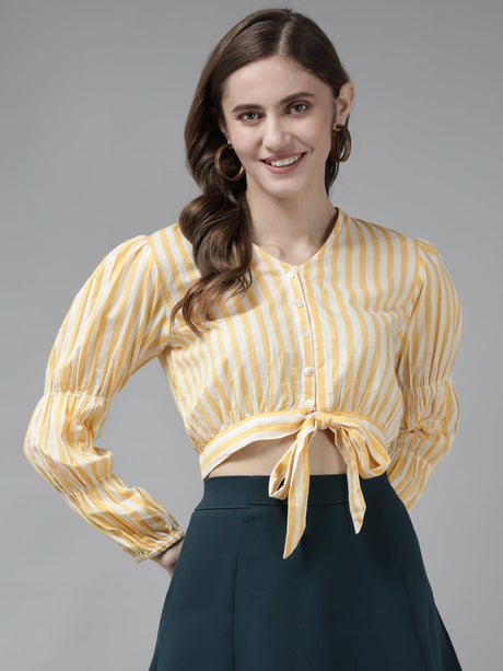 Yellow Strip Front Open Full Sleeve Top | Ethniqndia - Made In INDIA.