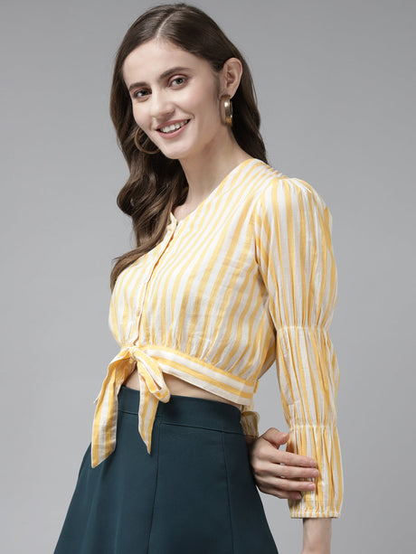 Yellow Strip Front Open Full Sleeve Top | Ethniqndia - Made in INDIA.