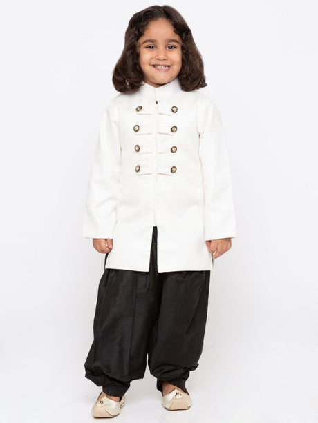 Ethniqndia Boys' White Cotton Silk Sherwani and Dhoti Set