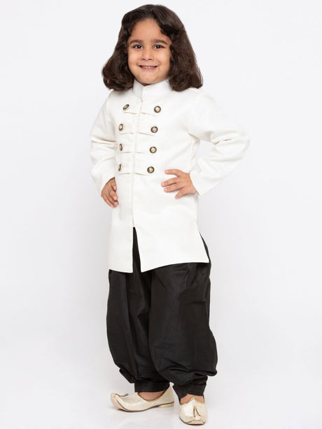 Ethniqndia Boys' White Cotton Silk Sherwani and Dhoti Set