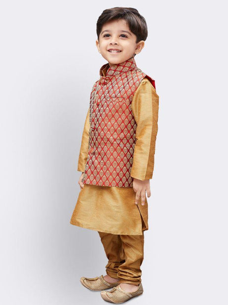 Ethniqndia Boys' Gold Silk Cotton Blend Kurta, Waistcoat and Pyjama Set