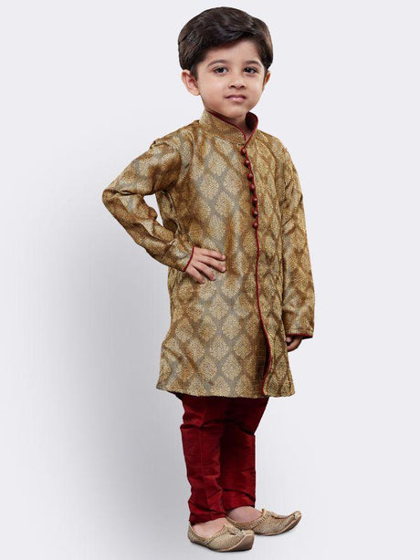 Ethniqndia Boys' Beige Cotton Silk Kurta and Pyjama Set