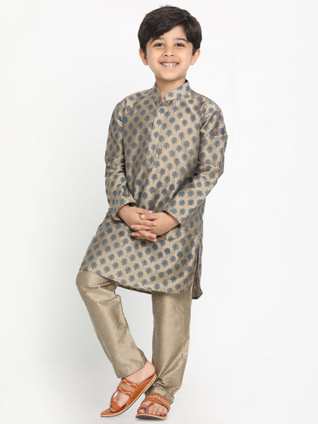 Ethniqndia Brown Silk Blend Ethnic Print Kurta Pyjama Sibling Set