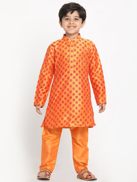 Ethniqndia Orange Silk Blend Ethnic Print Kurta Pyjama Sibling Set