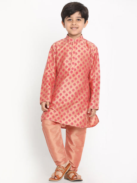 Ethniqndia Pink Silk Blend Ethnic Print Kurta Pyjama Sibling Set