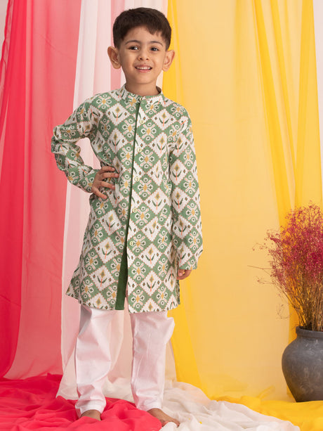 Ethniqndia Green Ikkat Print Cotton Kurta Pyjama Sibling Set