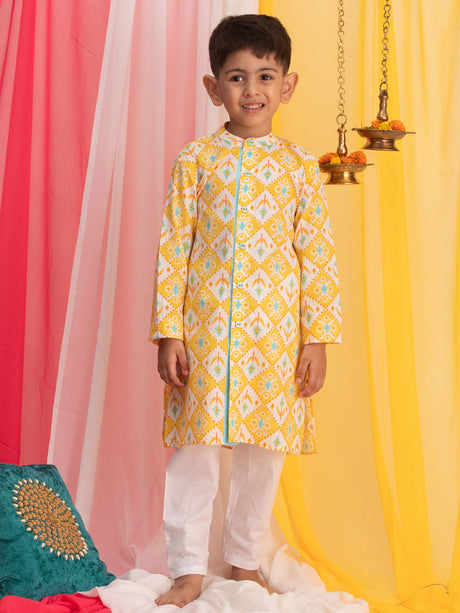 Ethniqndia Yellow Ikkat Print Cotton Kurta Pyjama Sibling Set