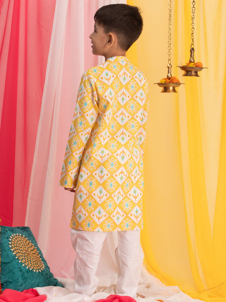 Ethniqndia Yellow Ikkat Print Cotton Kurta Pyjama Sibling Set