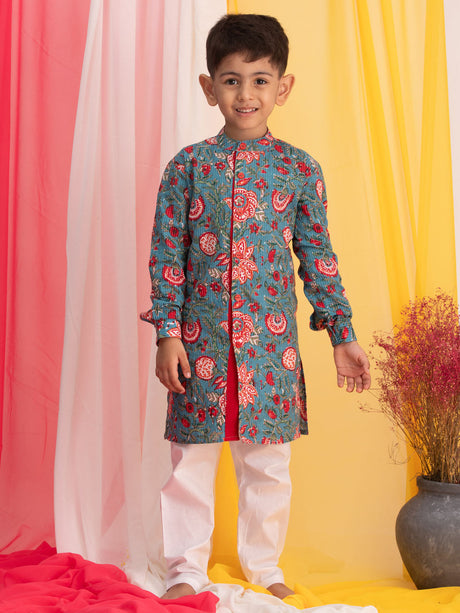 Ethniqndia Blue Printed Cotton Festive Collection Sibling Set