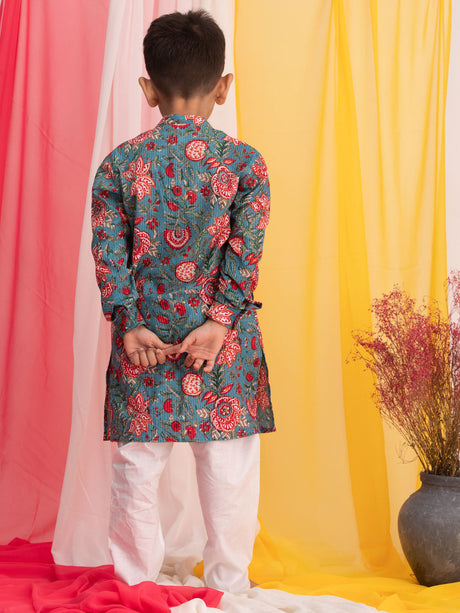 Ethniqndia Blue Printed Cotton Festive Collection Sibling Set