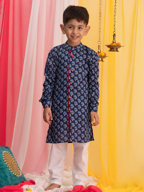 Ethniqndia Blue Printed Dress Sibling Set