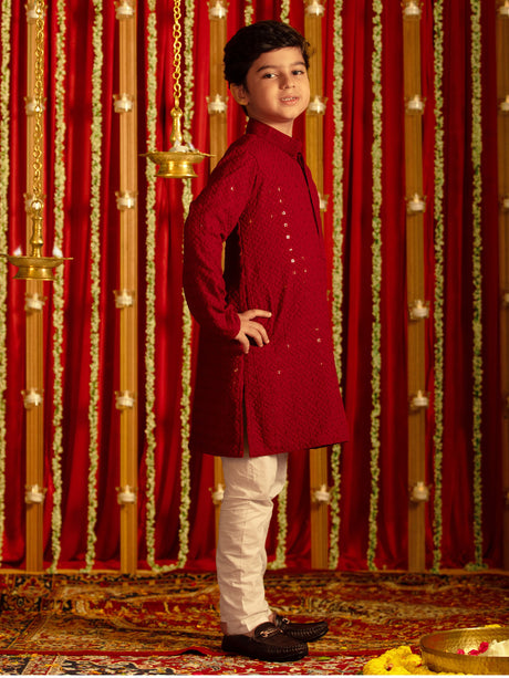 Ethniqndia Maroon and White Maroon BHAI BEHEN Siblings Matching Set