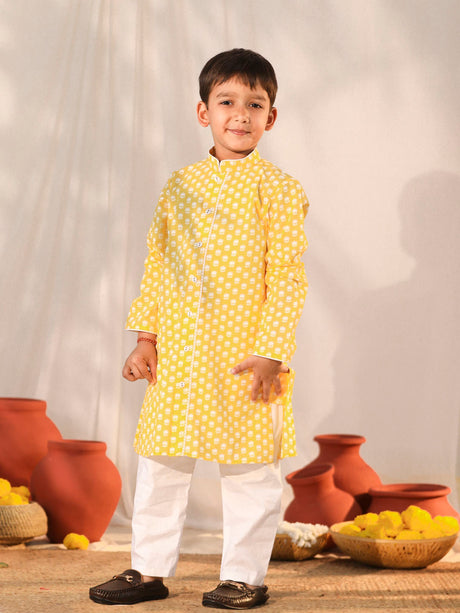 Ethniqndia Yellow Cotton Printed Siblings Matching Set