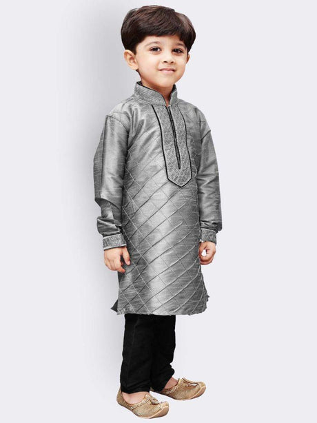 Ethniqndia Boys' Grey Cotton Silk Kurta and Pyjama Set