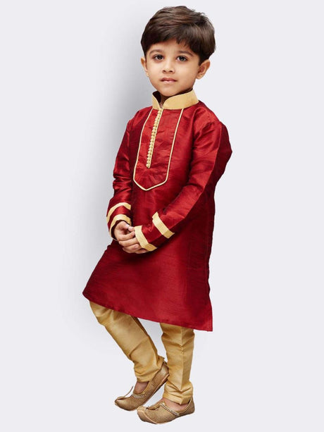 Ethniqndia Boys' Maroon Cotton Silk Kurta and Pyjama Set