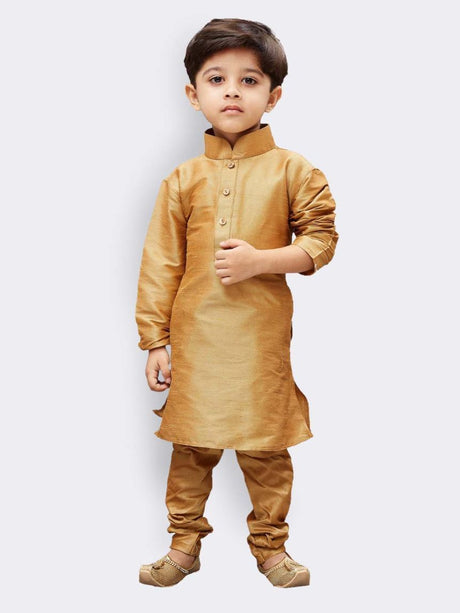 Ethniqndia Boys' Gold Cotton Silk Kurta and Pyjama Set