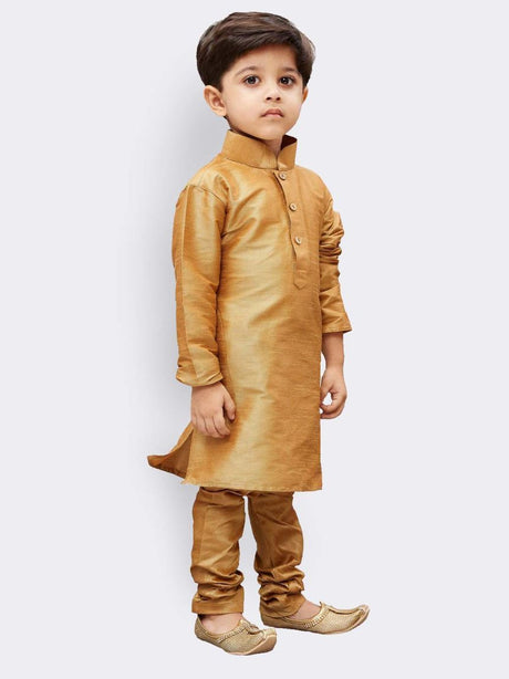 Ethniqndia Boys' Gold Cotton Silk Kurta and Pyjama Set