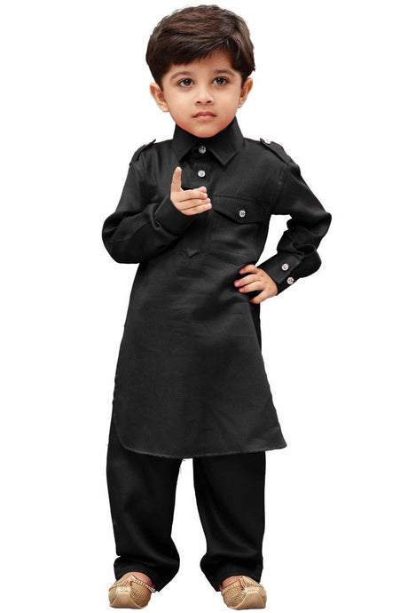 Ethniqndia Boys' Black Cotton Pathani Kurta