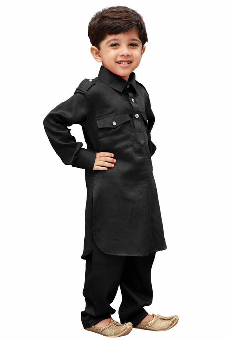 Ethniqndia Boys' Black Cotton Pathani Kurta