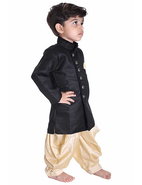 Ethniqndia Boys' Black Cotton Blend Sherwani