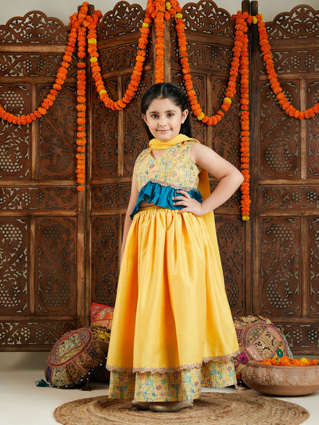 Ethniqndia Girls' Yellow Silk Blend Embellished Lehenga Set