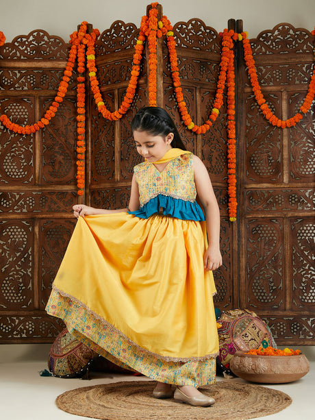 Ethniqndia Girls' Yellow Silk Blend Embellished Lehenga Set