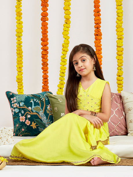 Ethniqndia Girls' Yellow Embroidered Crop Top And Blended Skit With Attached Pleated Dupatta Set