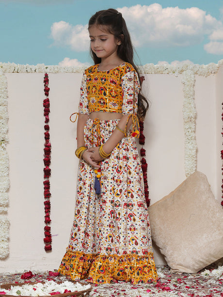 Ethniqndia Girls' Yellow And Cream Patola Print Lehenga Set