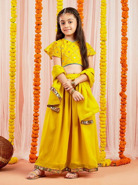 Ethniqndia Girls' Yellow Mirror Georgette Lehenga Set