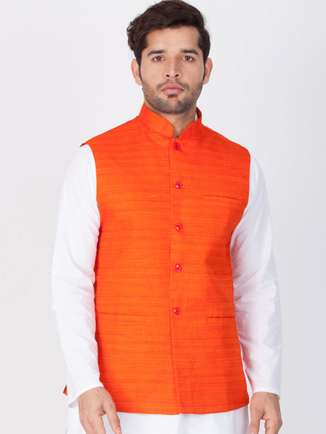 Ethniqndia Men's Orange Cotton Blend Nehru Jacket