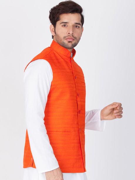 Ethniqndia Men's Orange Cotton Blend Nehru Jacket