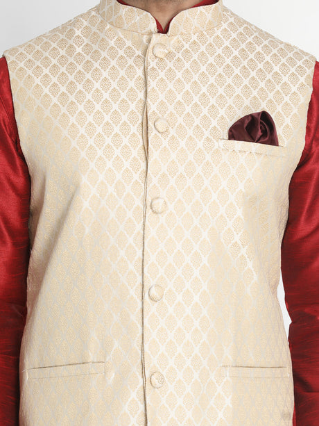 VM BY Ethniqndia Men's Cream Silk Blend Jacket With Kurta Pyjama Set