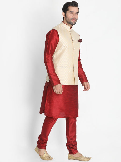 VM BY Ethniqndia Men's Cream Silk Blend Jacket With Kurta Pyjama Set